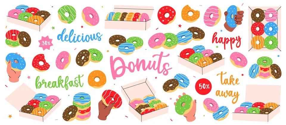 Donuts set. Hand drawn elements for confectionery menu, bakery shop. Glazed イラスト素材