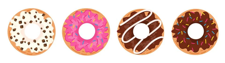 Donuts set isolated on white background. Top View Doughnuts collection with g Stock Illustration