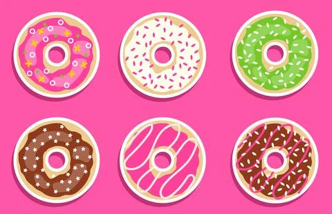 Donuts, a set of realistic donuts on a pink background with a white stroke. Stock Illustration