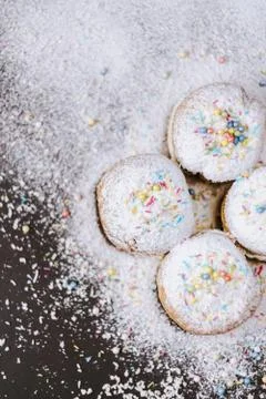 Donuts sprinkled with powdered sugar. Stock Photos