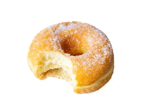 Donuts with sugar sprinkles with bite mark isolated on a white background. Foto stock