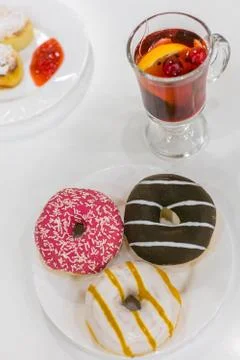 Donuts with tea Stock Photos