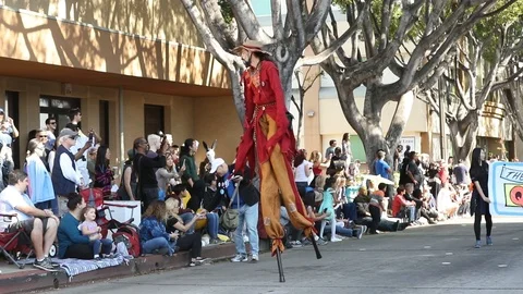 Doo Dah Parade Stilt Walker Slow Motion Stock-Footage 98545609