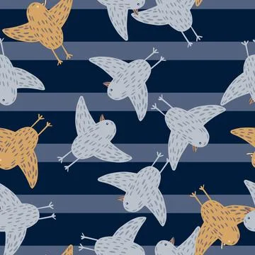 Doocle kids style seamless pattern with random flying birds shapes. Navy blue Illustrazione stock