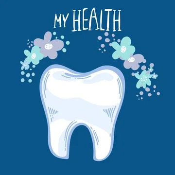 Dood Outline tooth icon vector illustration on blue background with flowers . Stock Illustration