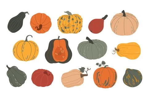 Doodle abstract Pumpkins set. Autumn Vegetable harvest. Stock Illustration