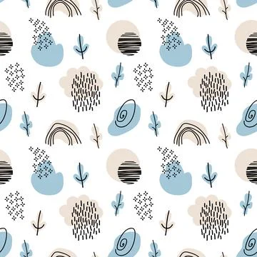 Doodle Abstract seamless Pattern with cloud, rainbow, tree, rain and moon. Tr Stock Illustration