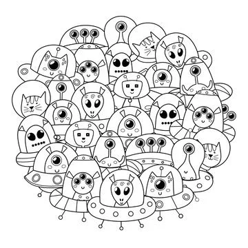 Doodle aliens circle shape pattern. Space black and white print for coloring Stock Illustration