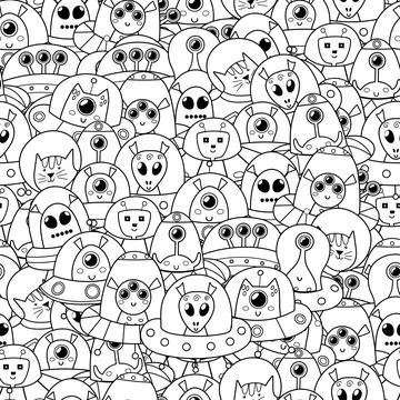 Doodle aliens seamless pattern. Space black and white coloring page Stock Illustration
