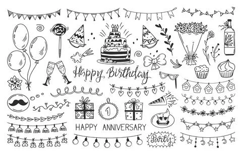 Doodle anniversary birthday elements. Draw congratulations, gifts, garlands and Stock Illustration