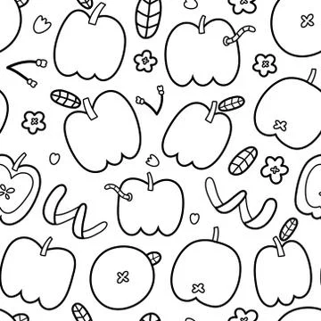 Doodle apple pattern, trendy outline drawing, seamless vector ornament, black Stock Illustration