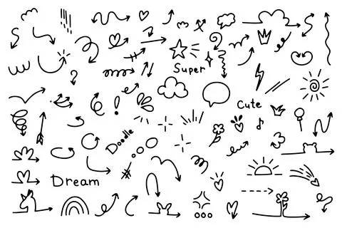 Doodle arrow set, cute heart, arrow, star, sparkle decoration symbol set ic.. Stock Illustration