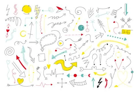 Doodle arrows. Abstract line pointers. Way direction and cycle minimal signs. Illustrazione stock