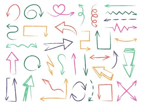 Doodle arrows. Direction pointer. Pencil drawing. Color pen lines. Navigation Illustrazione stock