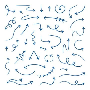 Doodle arrows. Linear hand drawn direction arrows, pen sketch design elements Illustrazione stock