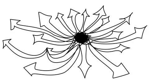 Doodle arrows outgoing from the center in one line on a white background. Stock Illustration