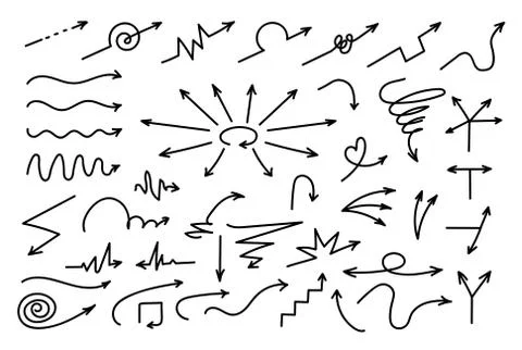 Doodle arrows thin lines set. Vector hand drawn arrow elements Illustrazione stock