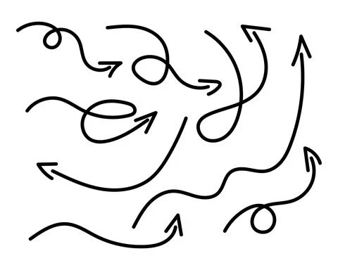 Doodle arrows thin lines set. Vector hand drawn arrow elements isolated on wh Stock Illustration