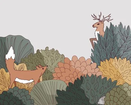 Doodle Autumn hand drawn forest border in linear style. Fairy Fall floral b.. Illustrazione stock