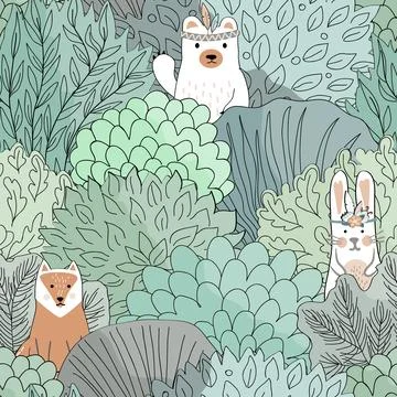 Doodle Autumn hand drawn forest seamless pattern. Fairy Fall floral backgroun Stock Illustration