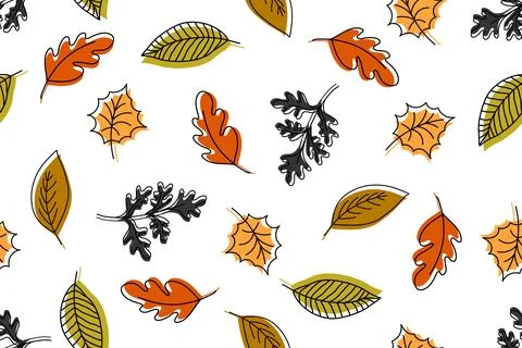 Doodle autumn leaves seamless pattern, fall seasonal background Stock Illustration