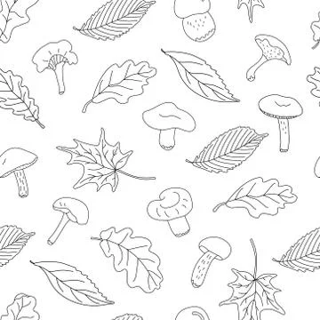 Doodle autumn vector seamless pattern with forest mushrooms and leaves. Illustrazione stock
