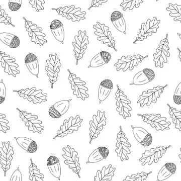 Doodle autumn vector seamless pattern with oak leaves and acorns on white. Illustrazione stock
