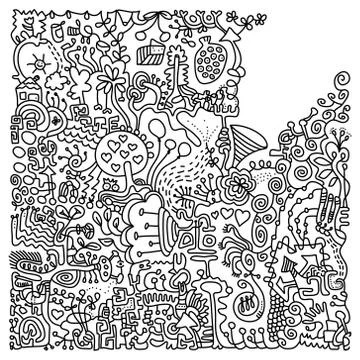 Doodle background black on white font Stock Illustration