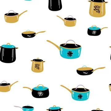 Doodle background Cute cooking pots saucepan skillet. Seamless vector pattern Illustrazione stock