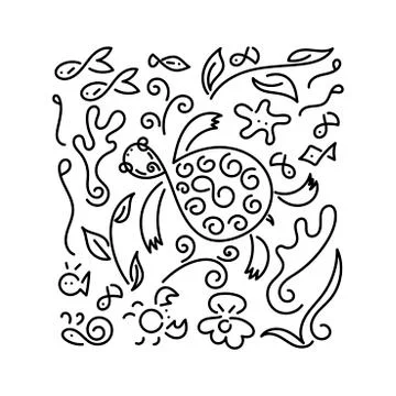 Doodle background. Sea Turtle, fish, underwater plants. Vector hand drawn ill Stock Illustration