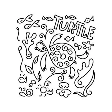 Doodle background. Sea Turtle, fish, underwater plants. Vector Stock Illustration
