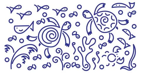 Doodle background. Sea Turtle, fish, underwater plants. Vector Stock Illustration