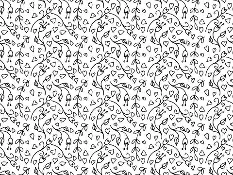 Doodle background. Seamless pattern with flower, heart shape elements in line Stockillustratie