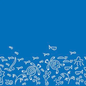 Doodle background. Two Sea Turtle, fish, underwater plants. Vector Stock Illustration