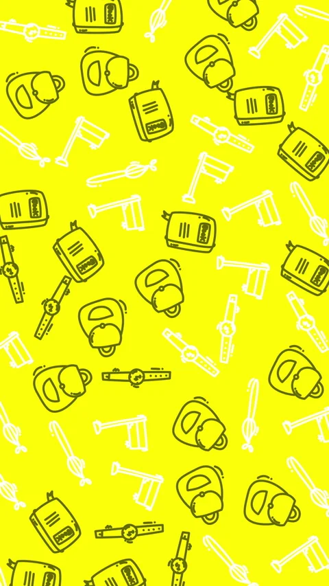 Doodle Backpacks Watches Flags Seamless Pattern Yellow Background Stock Footage 339005393
