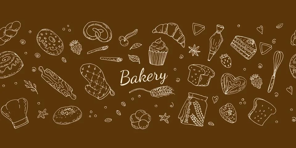 Doodle bakery border background with kitchen elements and pastry icons. Stock Illustration