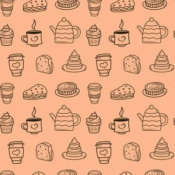 Doodle bakery coffee seamless pattern. Hand drawn cupcake, coffee cups, coo.. Illustrazione stock