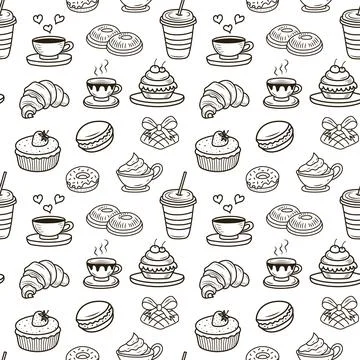 Doodle bakery coffee seamless pattern. Hand drawn cupcake, coffee cups, coo.. Illustrazione stock