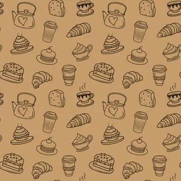 Doodle bakery coffee seamless pattern. Hand drawn cupcake, coffee cups, cookies 스톡 일러스트