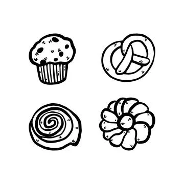 Doodle of a bakery set including pretzel, cupcake, snail bun, and soft bun. Stock Illustration