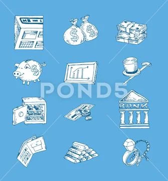 Doodle Bank icon set , hand drawn illustration. Stock Illustration