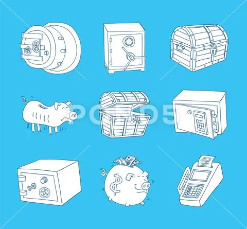 Doodle Bank icon set , hand drawn illustration. Stock Illustration
