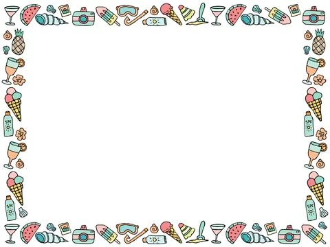 Doodle beach elements frame, simple rectangular summer vacation border Stock Illustration