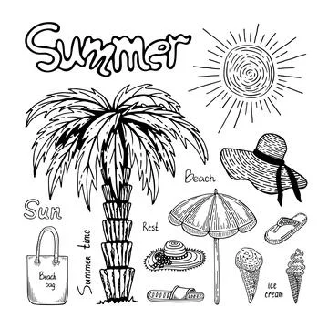 Doodle beach set. Summer vacation, sun, palm tree, umbrella, ice cream, slate Stock-Illustration