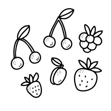 Doodle berries set. Hand drawn strawberry, cherry Stock Illustration
