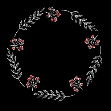 Doodle berry and leaf circle frame on a black background. Wreath of leaves. Stock Illustration