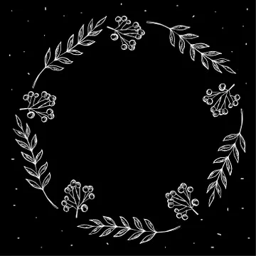 Doodle berry and leaf circle frame on a black background. Wreath of leaves.  Stock Illustration