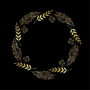 Doodle berry and leaf circle frame on a black background. Golden wreath Stock Illustration