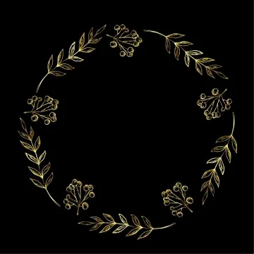Doodle berry and leaf circle frame on a black background. Golden wreath  Stock Illustration