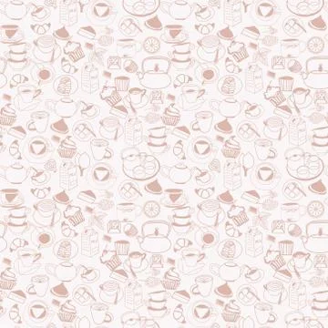 Doodle beverage element mug, tea set and cupcakes, milk, raspberry. Stock Illustration